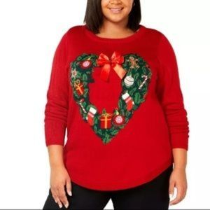 Karen Scott Red & Green Heart Wreath Ugly Christmas Sweater